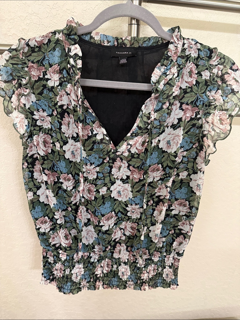 Tamara M. Floral Ruffle V-Neck Blouse in Black and Green